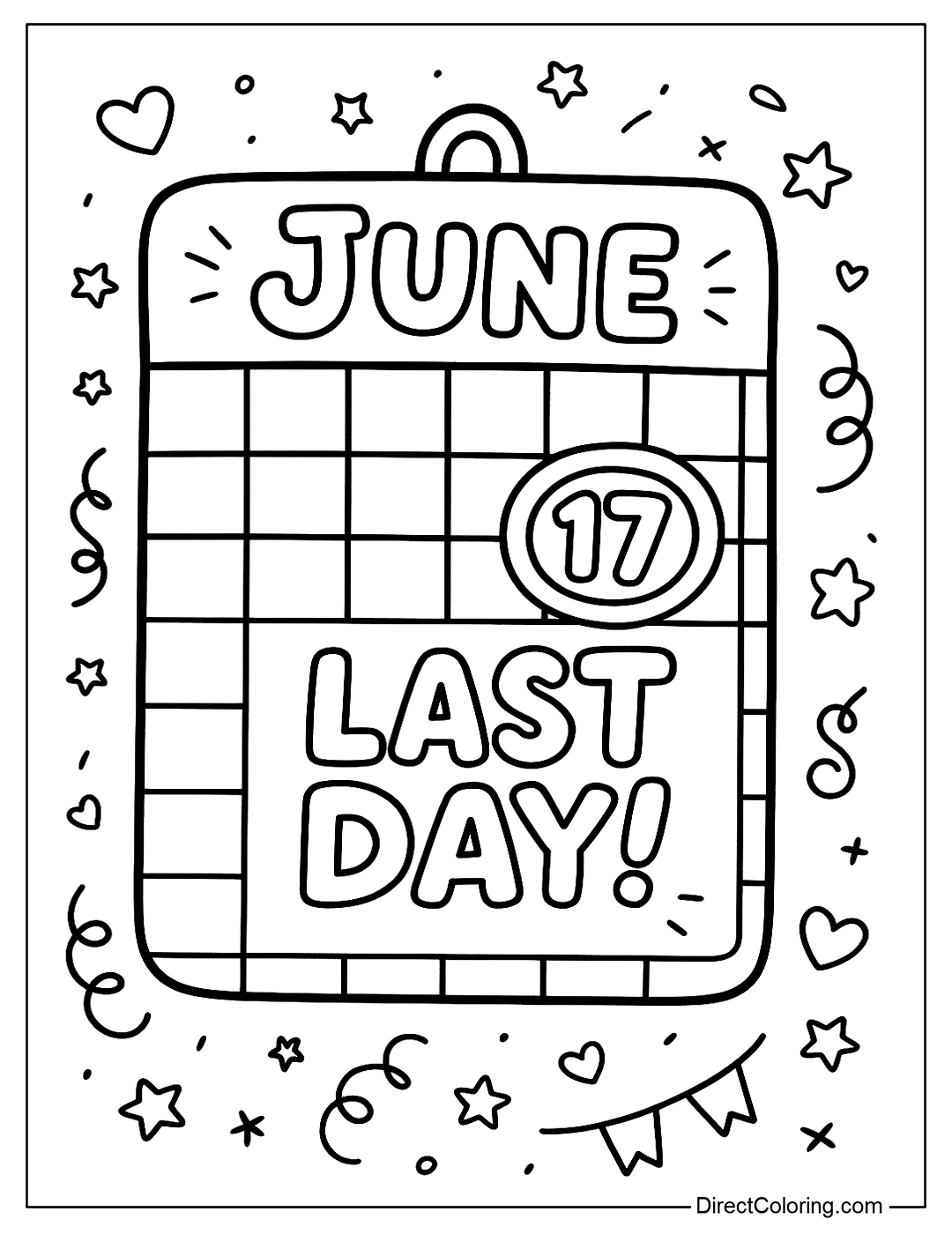 a coloring page of a June calendar, with the 17th circled in red and the words “Last Day!” in bold.